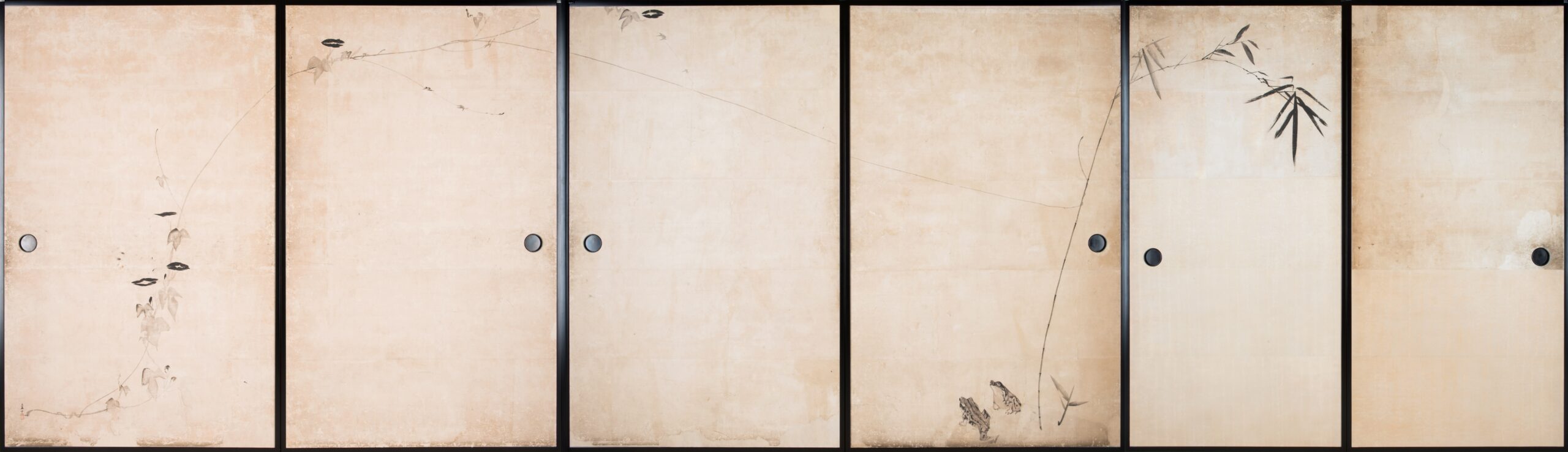 紙本墨画朝顔に蛙図　長沢芦雪筆　襖貼付1